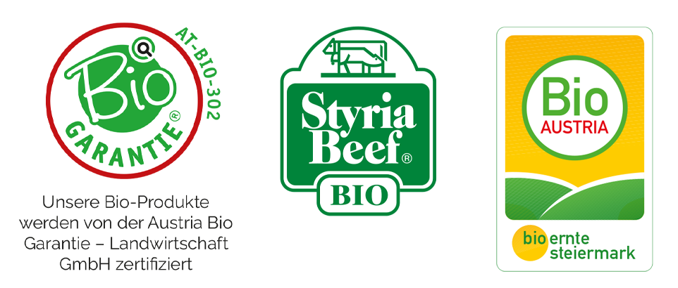 Logos für Bio Garantie, Styria Beef und Bio Austria